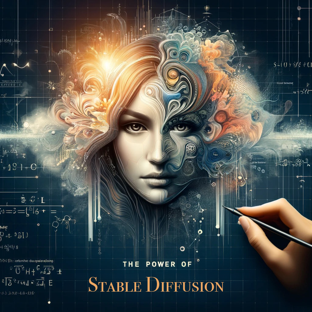 Digital art graphic featuring a woman's face dissolving into particles with text reading 'The Power of Stable Diffusion'