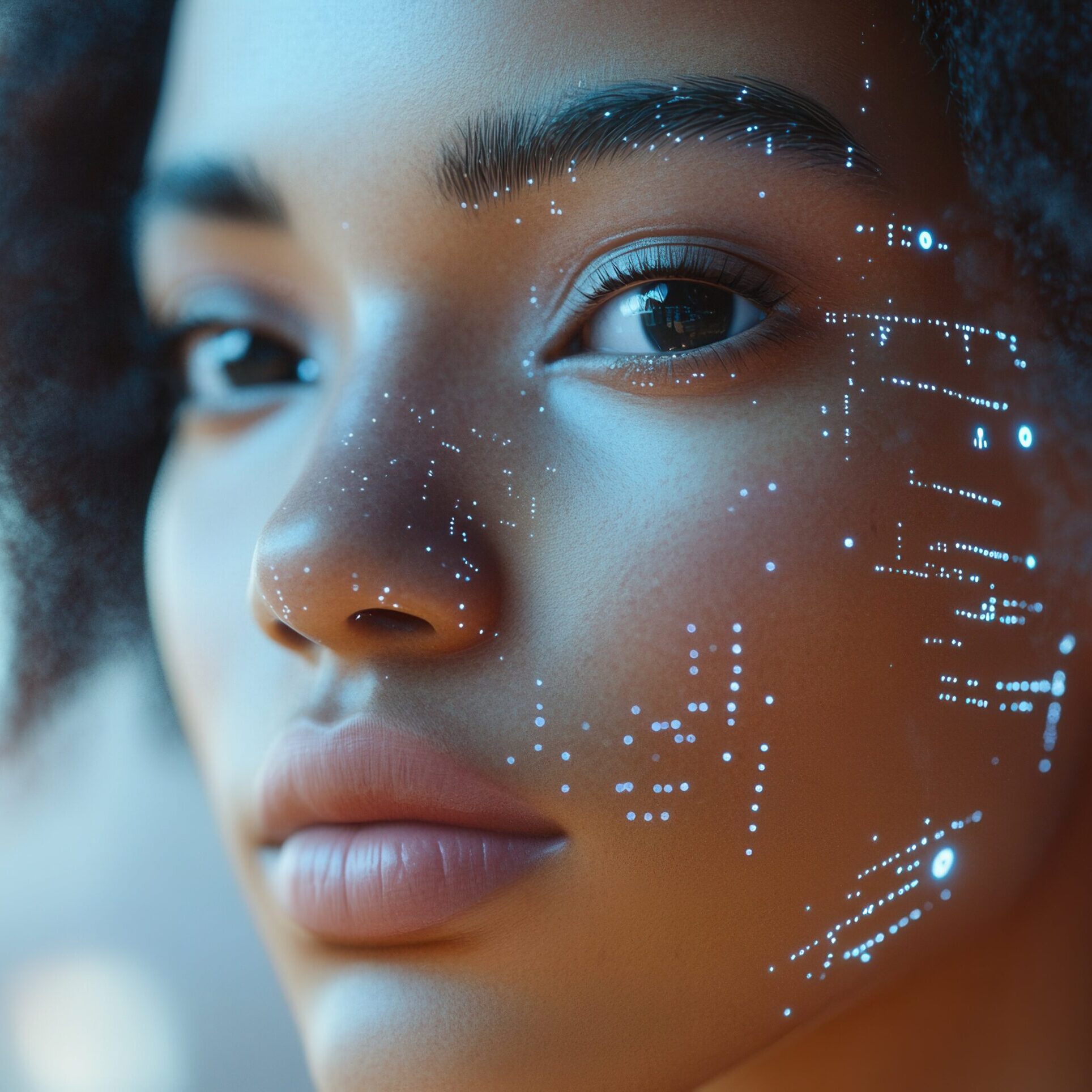 Artistic close-up of a woman's face with glowing digital data points, symbolizing AI facial recognition