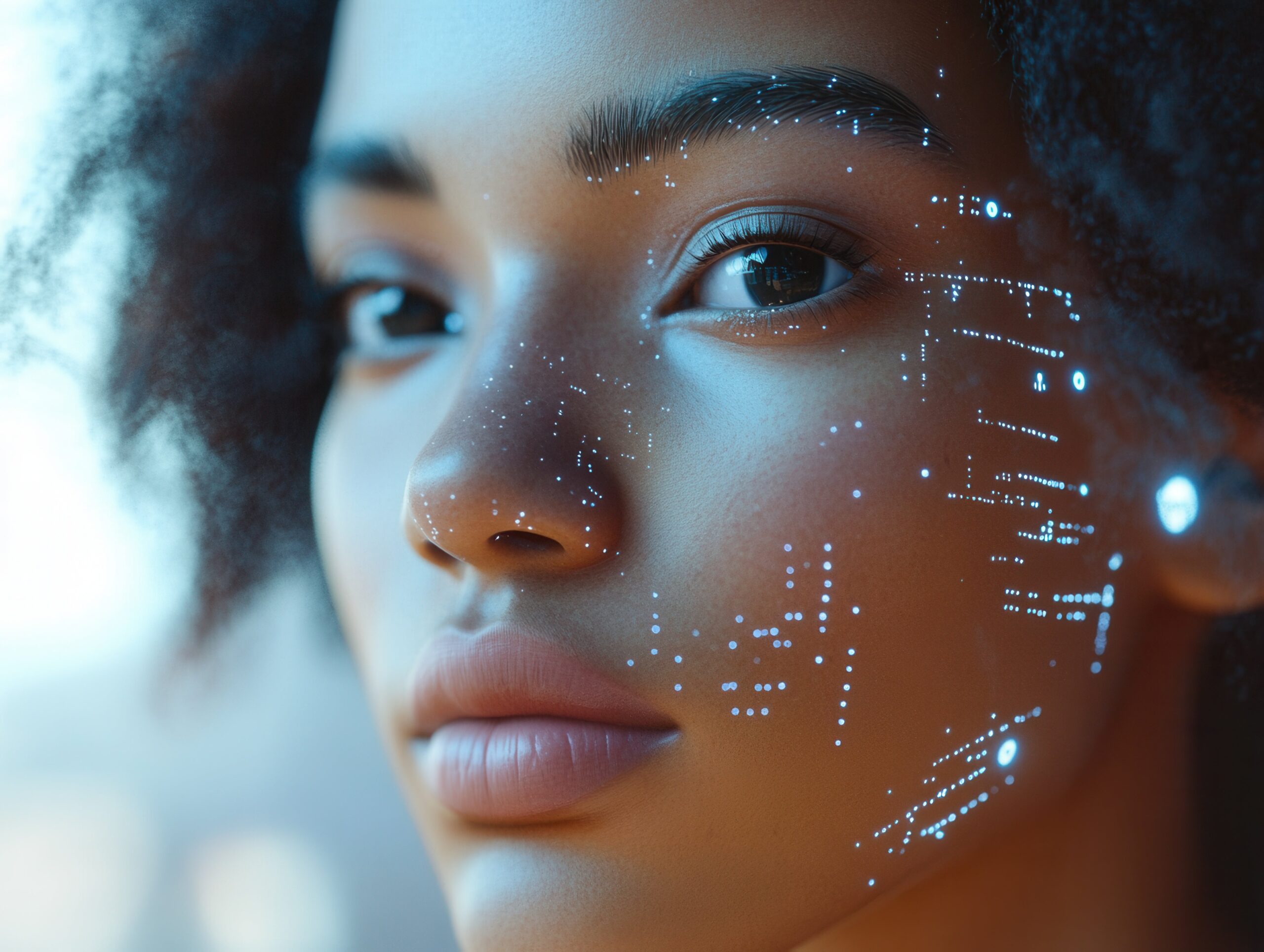 Artistic close-up of a woman's face with glowing digital data points, symbolizing AI facial recognition