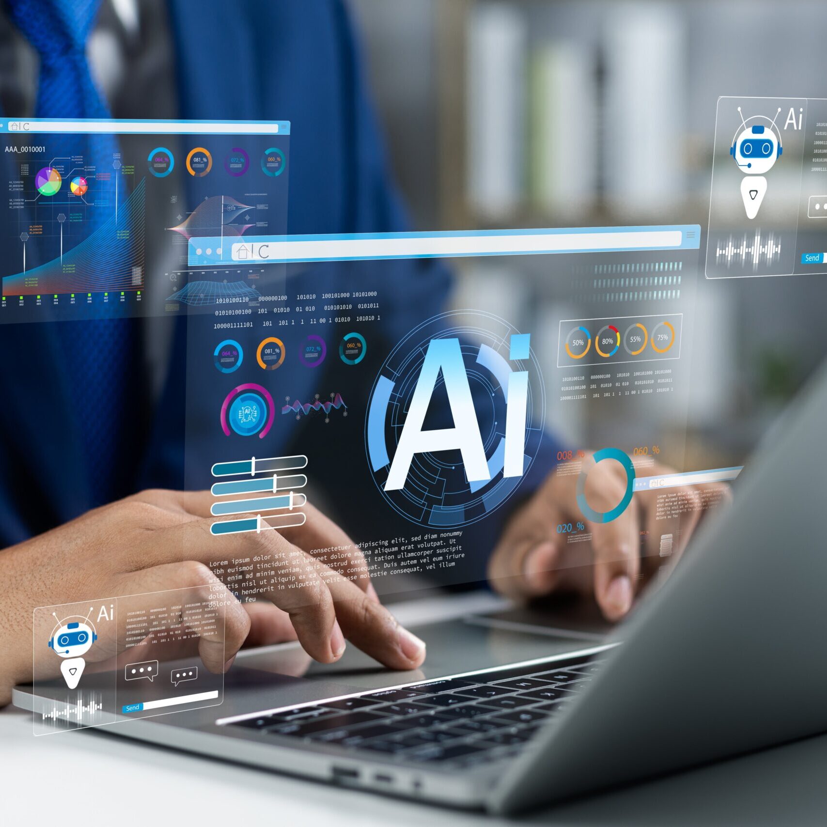 Stock photo concept of hands typing on a laptop with a futuristic holographic AI interface overlay