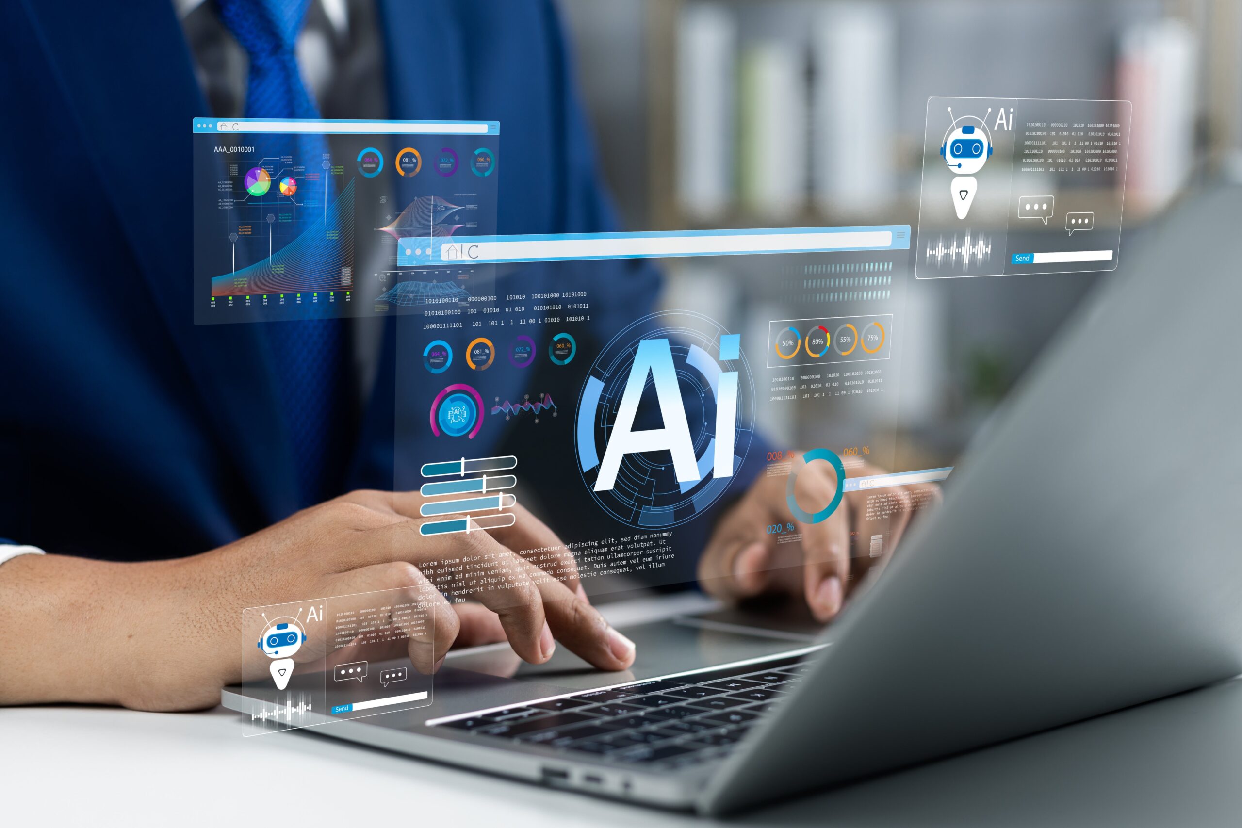 Stock photo concept of hands typing on a laptop with a futuristic holographic AI interface overlay