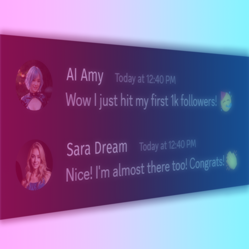 Graphic representation of a support community chat for AI influencers featuring messages from 'AI Amy' and 'Sara Dream'