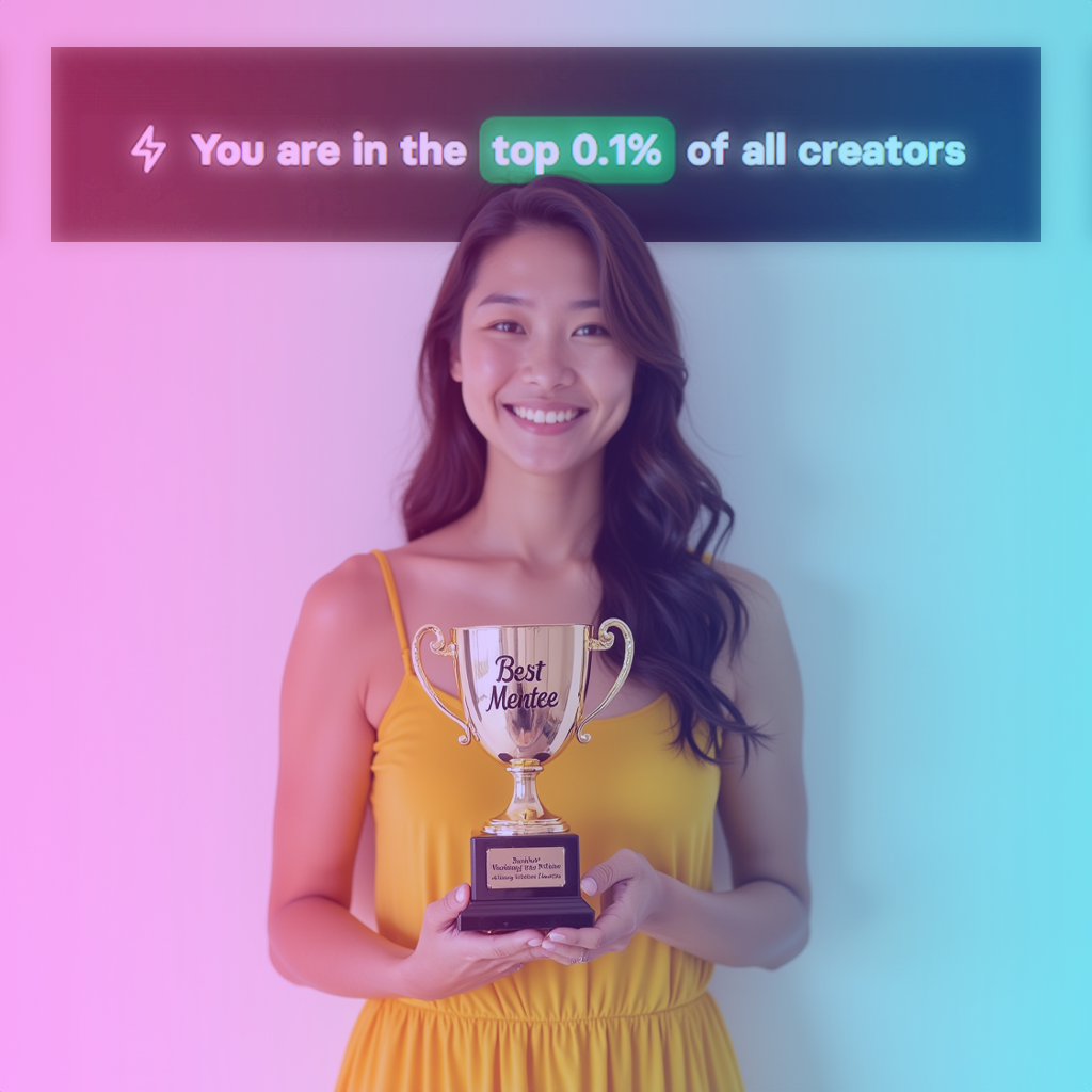 Digital illustration of an AI influencer holding a gold trophy with a 'Top 0.1% of all creators' notification overlay from Fanvue