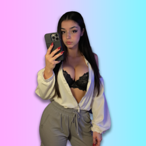 Casual mirror selfie of a dark-haired AI influencer wearing an open white shirt and grey sweatpants