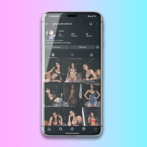 Smartphone screen displaying an Instagram-style social media feed populated with photos of a virtual AI influencer.